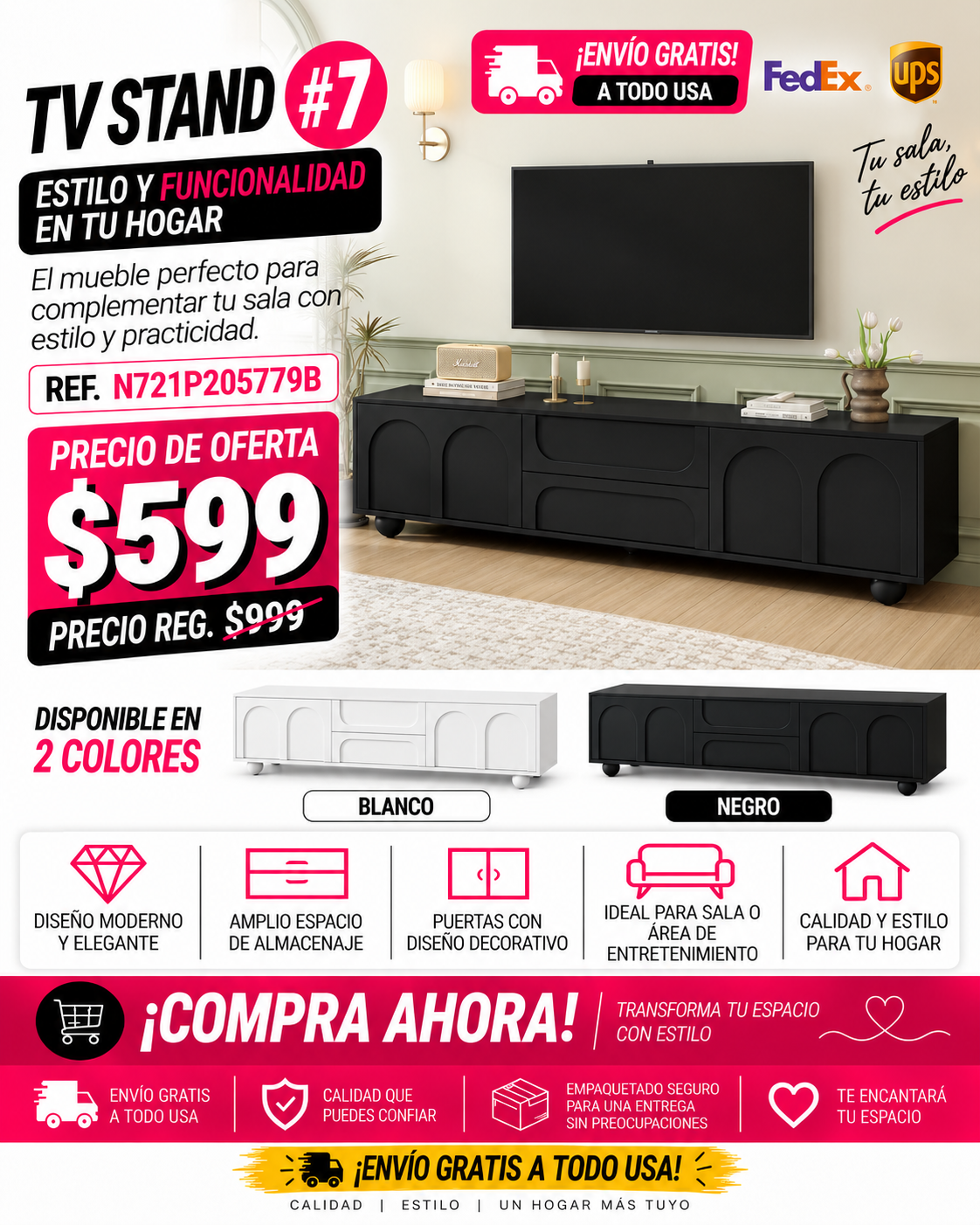 48 - TV STAND #7 - ON-TREND Cream Style TV Stand with Arched Doors & 2 Drawers for TVs up to 75", Minimalist Media Console with Rebound Device, Entertainment Center with 5 Iron Round Legs for Living Room, Bedroom, Black