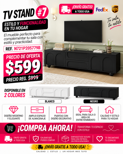48 - TV STAND #7 - ON-TREND Cream Style TV Stand with Arched Doors & 2 Drawers for TVs up to 75", Minimalist Media Console with Rebound Device, Entertainment Center with 5 Iron Round Legs for Living Room, Bedroom, Black