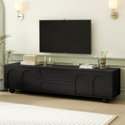 48 - TV STAND #7 - ON-TREND Cream Style TV Stand with Arched Doors & 2 Drawers for TVs up to 75", Minimalist Media Console with Rebound Device, Entertainment Center with 5 Iron Round Legs for Living Room, Bedroom, Black