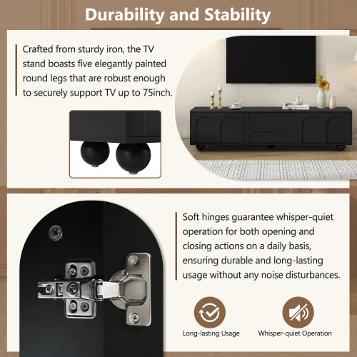 48 - TV STAND #7 - ON-TREND Cream Style TV Stand with Arched Doors & 2 Drawers for TVs up to 75", Minimalist Media Console with Rebound Device, Entertainment Center with 5 Iron Round Legs for Living Room, Bedroom, Black