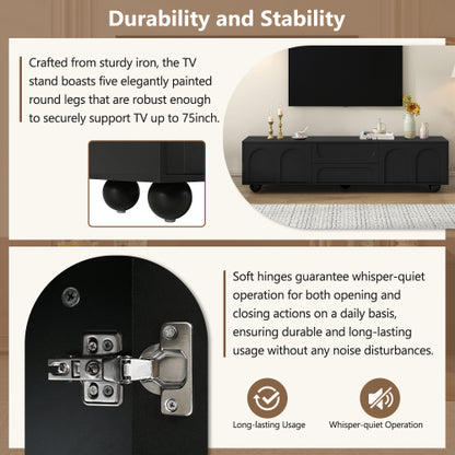 48 - TV STAND #7 - ON-TREND Cream Style TV Stand with Arched Doors & 2 Drawers for TVs up to 75", Minimalist Media Console with Rebound Device, Entertainment Center with 5 Iron Round Legs for Living Room, Bedroom, Black