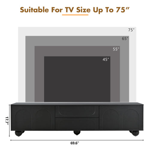 48 - TV STAND #7 - ON-TREND Cream Style TV Stand with Arched Doors & 2 Drawers for TVs up to 75", Minimalist Media Console with Rebound Device, Entertainment Center with 5 Iron Round Legs for Living Room, Bedroom, Black