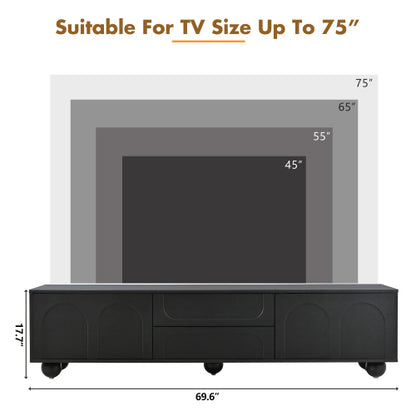 48 - TV STAND #7 - ON-TREND Cream Style TV Stand with Arched Doors & 2 Drawers for TVs up to 75", Minimalist Media Console with Rebound Device, Entertainment Center with 5 Iron Round Legs for Living Room, Bedroom, Black