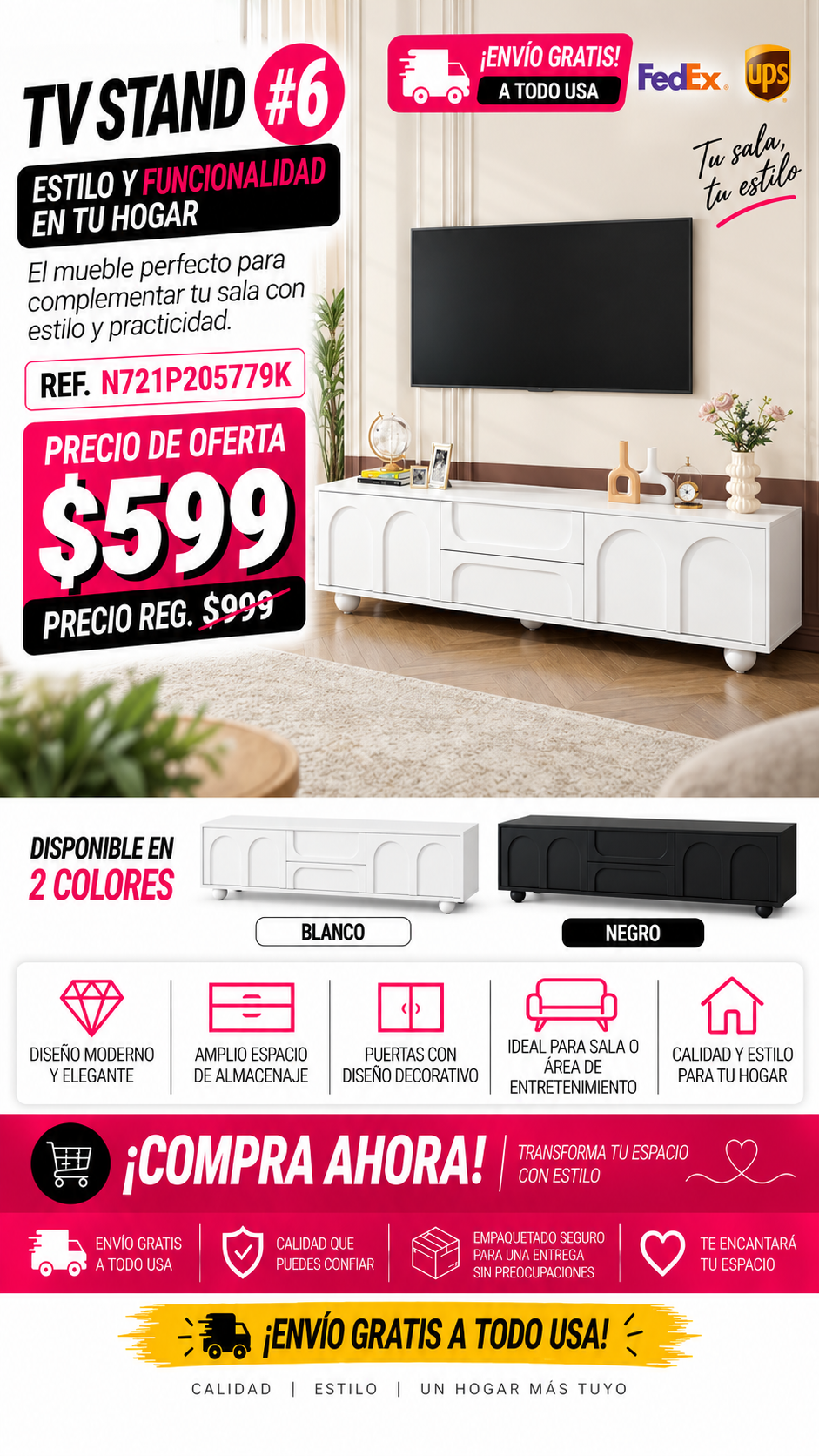 48 - TV STAND #6 - ON-TREND Cream Style TV Stand with Arched Doors & 2 Drawers for TVs up to 75", Minimalist Media Console with Rebound Device, Entertainment Center with 5 Iron Round Legs for Living Room, Bedroom, White