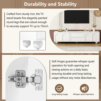48 - TV STAND #6 - ON-TREND Cream Style TV Stand with Arched Doors & 2 Drawers for TVs up to 75", Minimalist Media Console with Rebound Device, Entertainment Center with 5 Iron Round Legs for Living Room, Bedroom, White