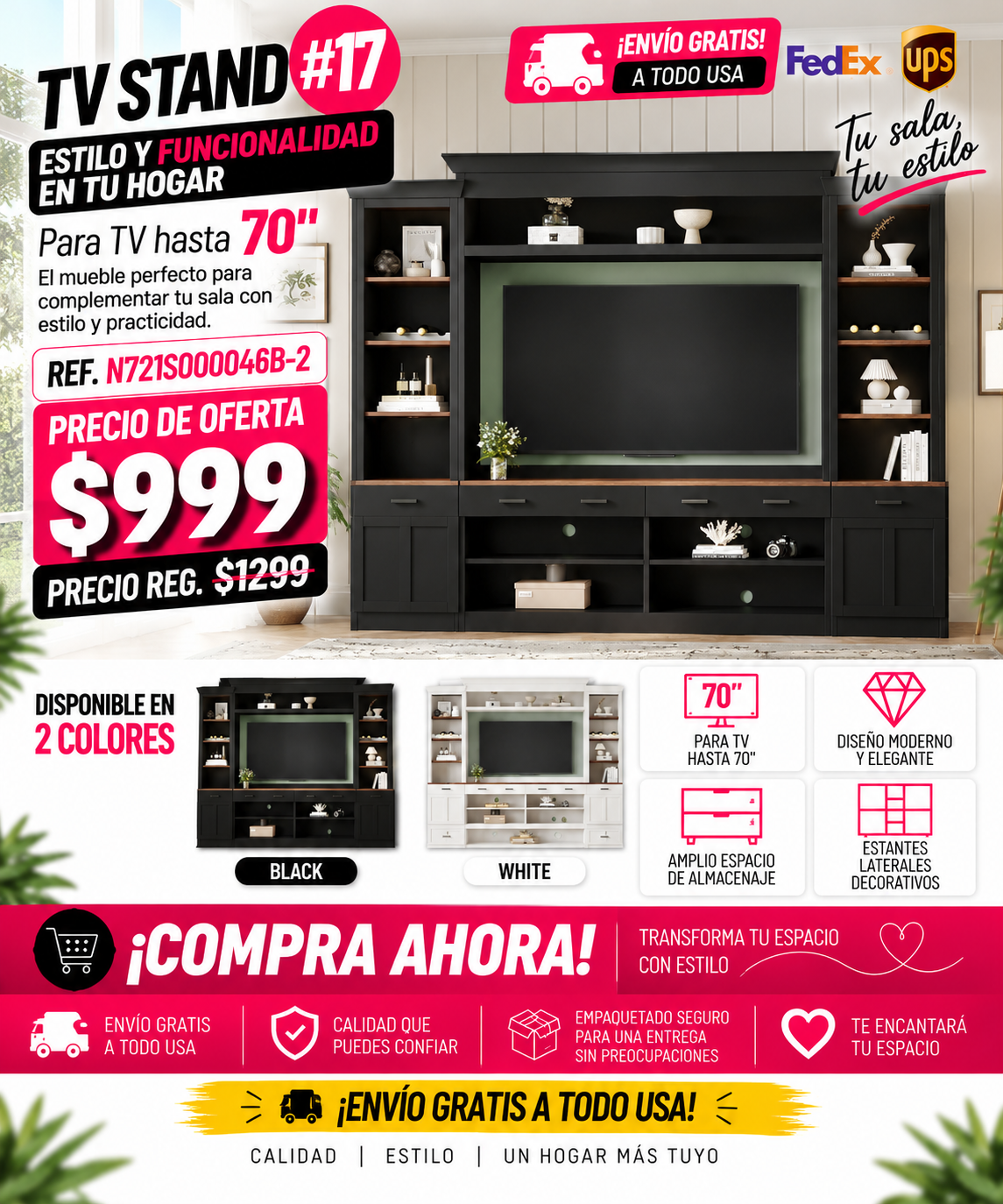 48 - TV STAND #17 - Farmhouse 4-Piece Entertainment Center with Bookshelf for TVs Up to 70", Walnut TV Stand with Adjustable Shelves, Mid-Century Media Console with Wine Rack for Living Room, Black