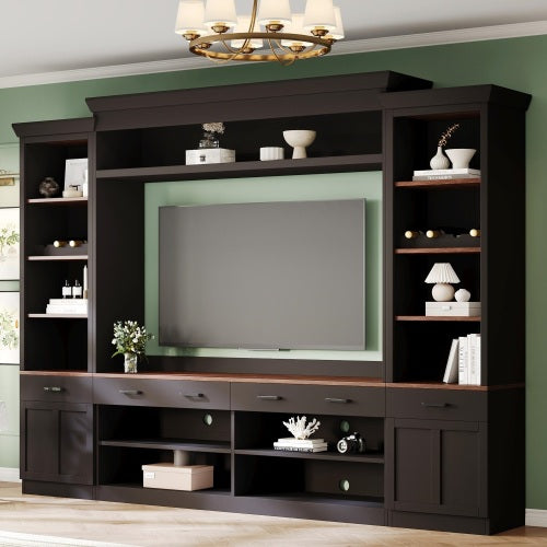 48 - TV STAND #17 - Farmhouse 4-Piece Entertainment Center with Bookshelf for TVs Up to 70", Walnut TV Stand with Adjustable Shelves, Mid-Century Media Console with Wine Rack for Living Room, Black