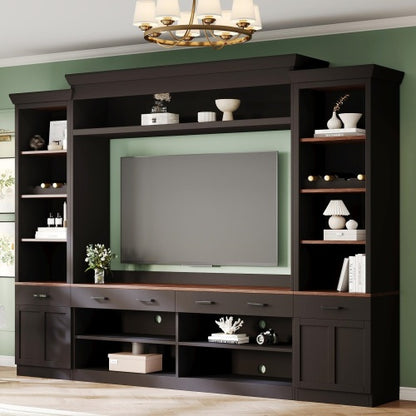 48 - TV STAND #17 - Farmhouse 4-Piece Entertainment Center with Bookshelf for TVs Up to 70", Walnut TV Stand with Adjustable Shelves, Mid-Century Media Console with Wine Rack for Living Room, Black