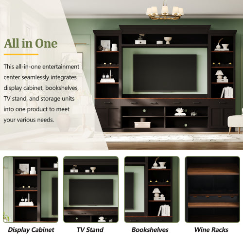 48 - TV STAND #17 - Farmhouse 4-Piece Entertainment Center with Bookshelf for TVs Up to 70", Walnut TV Stand with Adjustable Shelves, Mid-Century Media Console with Wine Rack for Living Room, Black