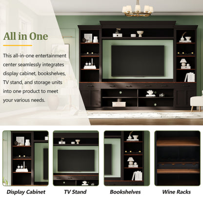 48 - TV STAND #17 - Farmhouse 4-Piece Entertainment Center with Bookshelf for TVs Up to 70", Walnut TV Stand with Adjustable Shelves, Mid-Century Media Console with Wine Rack for Living Room, Black