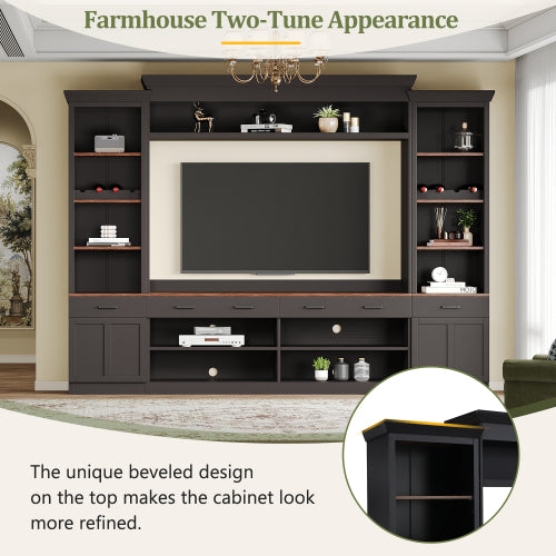 48 - TV STAND #17 - Farmhouse 4-Piece Entertainment Center with Bookshelf for TVs Up to 70", Walnut TV Stand with Adjustable Shelves, Mid-Century Media Console with Wine Rack for Living Room, Black