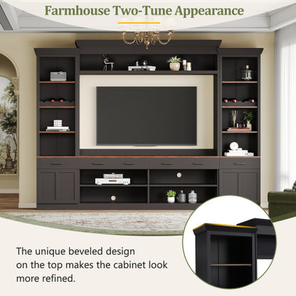 48 - TV STAND #17 - Farmhouse 4-Piece Entertainment Center with Bookshelf for TVs Up to 70", Walnut TV Stand with Adjustable Shelves, Mid-Century Media Console with Wine Rack for Living Room, Black
