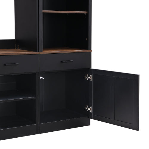 48 - TV STAND #17 - Farmhouse 4-Piece Entertainment Center with Bookshelf for TVs Up to 70", Walnut TV Stand with Adjustable Shelves, Mid-Century Media Console with Wine Rack for Living Room, Black