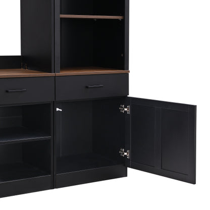 48 - TV STAND #17 - Farmhouse 4-Piece Entertainment Center with Bookshelf for TVs Up to 70", Walnut TV Stand with Adjustable Shelves, Mid-Century Media Console with Wine Rack for Living Room, Black