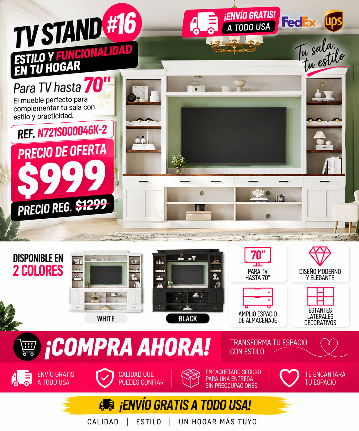 48 - TV STAND #16 - Farmhouse 4-Piece Entertainment Center with Bookshelf for TVs Up to 70", Walnut TV Stand with Adjustable Shelves, Mid-Century Media Console with Wine Rack for Living Room, White