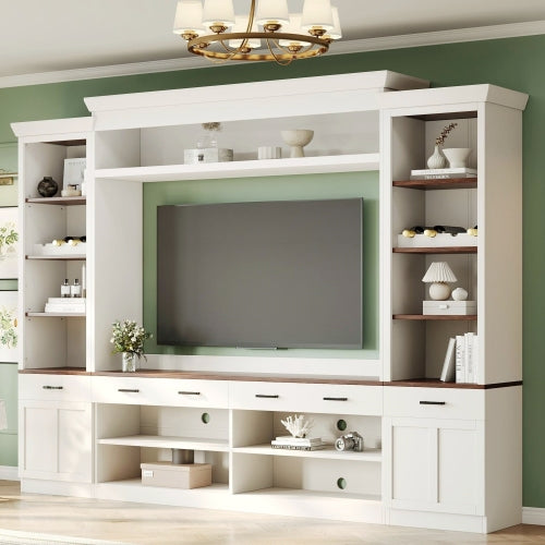 48 - TV STAND #16 - Farmhouse 4-Piece Entertainment Center with Bookshelf for TVs Up to 70", Walnut TV Stand with Adjustable Shelves, Mid-Century Media Console with Wine Rack for Living Room, White