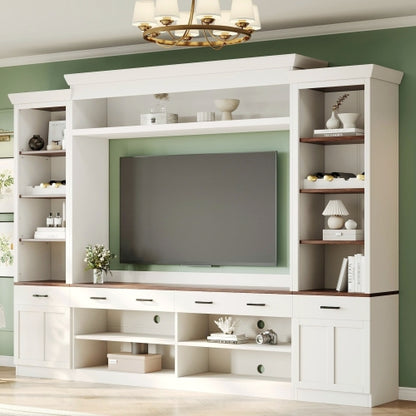 48 - TV STAND #16 - Farmhouse 4-Piece Entertainment Center with Bookshelf for TVs Up to 70", Walnut TV Stand with Adjustable Shelves, Mid-Century Media Console with Wine Rack for Living Room, White