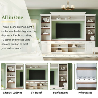 48 - TV STAND #16 - Farmhouse 4-Piece Entertainment Center with Bookshelf for TVs Up to 70", Walnut TV Stand with Adjustable Shelves, Mid-Century Media Console with Wine Rack for Living Room, White