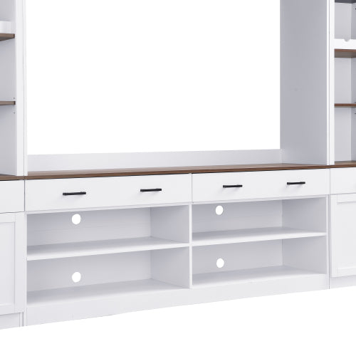 48 - TV STAND #16 - Farmhouse 4-Piece Entertainment Center with Bookshelf for TVs Up to 70", Walnut TV Stand with Adjustable Shelves, Mid-Century Media Console with Wine Rack for Living Room, White