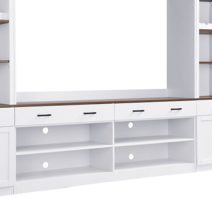 48 - TV STAND #16 - Farmhouse 4-Piece Entertainment Center with Bookshelf for TVs Up to 70", Walnut TV Stand with Adjustable Shelves, Mid-Century Media Console with Wine Rack for Living Room, White