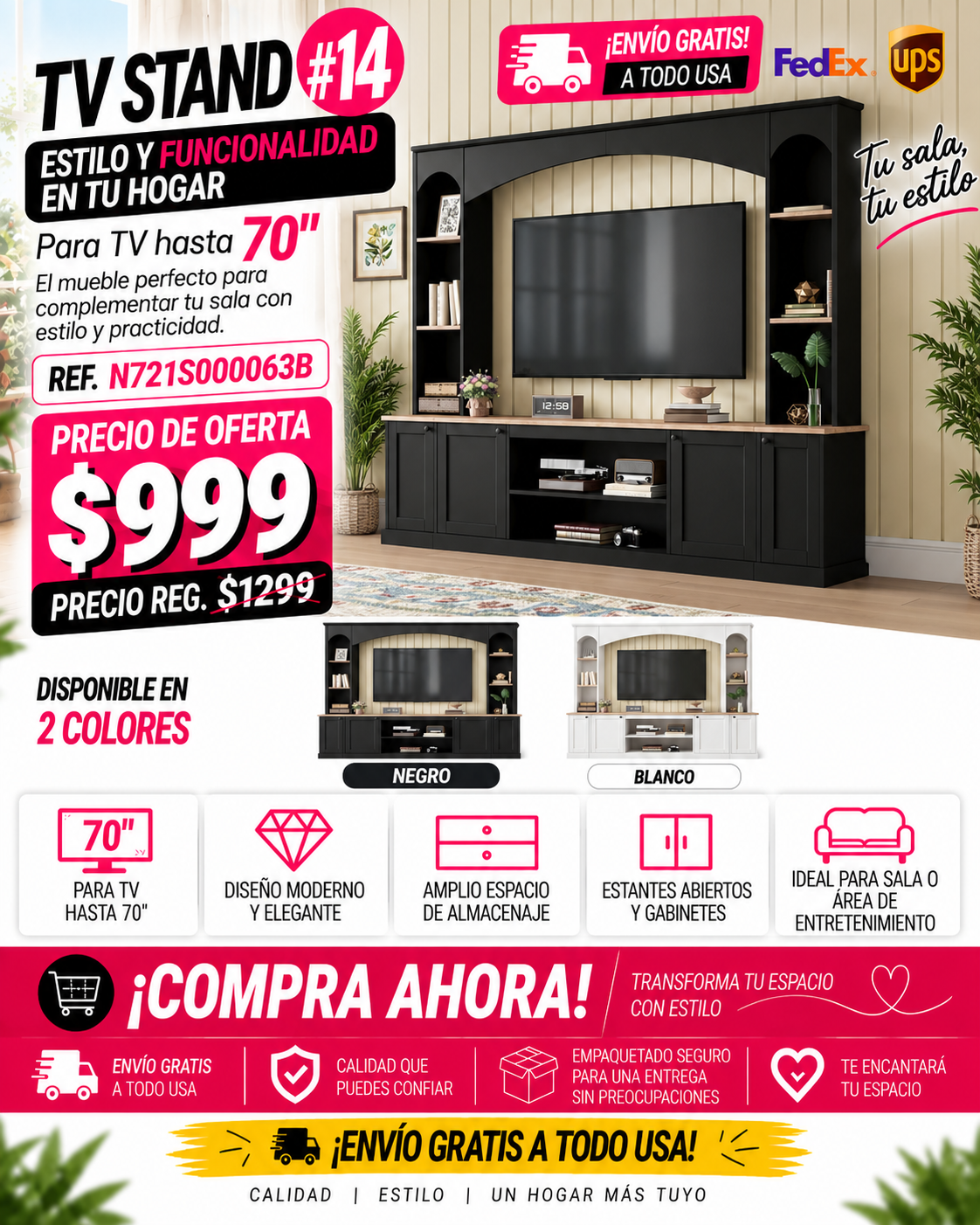 48 - TV STAND #14 - Elegant Arched Entertainment Center Wall Unit with Bookshelf, Farmhouse TV Stand with Wood Grain for TVs Up to 70", 91inch Media Console with Adjustable Shelves for Living Room, Black