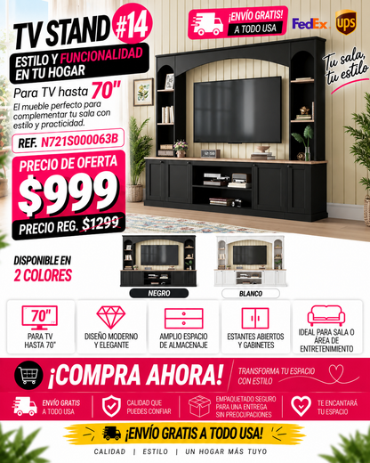 48 - TV STAND #14 - Elegant Arched Entertainment Center Wall Unit with Bookshelf, Farmhouse TV Stand with Wood Grain for TVs Up to 70", 91inch Media Console with Adjustable Shelves for Living Room, Black