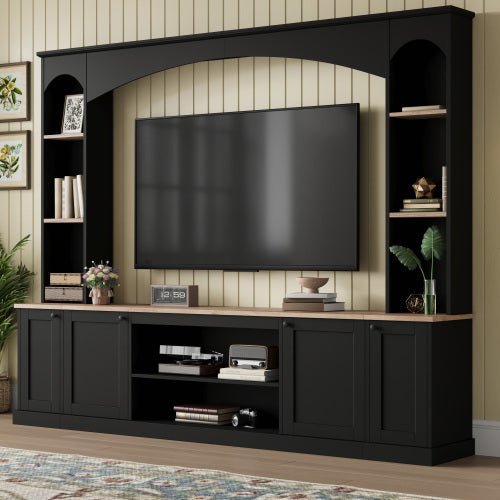 48 - TV STAND #14 - Elegant Arched Entertainment Center Wall Unit with Bookshelf, Farmhouse TV Stand with Wood Grain for TVs Up to 70", 91inch Media Console with Adjustable Shelves for Living Room, Black
