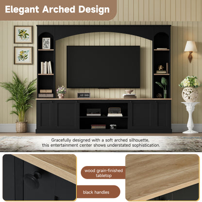 48 - TV STAND #14 - Elegant Arched Entertainment Center Wall Unit with Bookshelf, Farmhouse TV Stand with Wood Grain for TVs Up to 70", 91inch Media Console with Adjustable Shelves for Living Room, Black