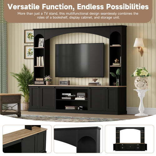 48 - TV STAND #14 - Elegant Arched Entertainment Center Wall Unit with Bookshelf, Farmhouse TV Stand with Wood Grain for TVs Up to 70", 91inch Media Console with Adjustable Shelves for Living Room, Black