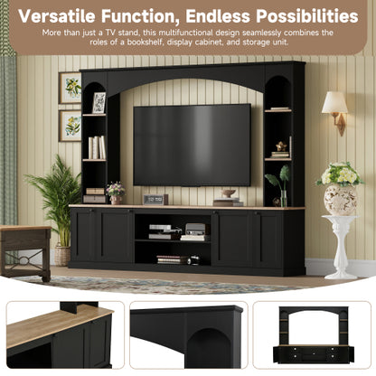 48 - TV STAND #14 - Elegant Arched Entertainment Center Wall Unit with Bookshelf, Farmhouse TV Stand with Wood Grain for TVs Up to 70", 91inch Media Console with Adjustable Shelves for Living Room, Black