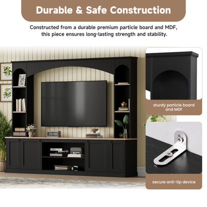 48 - TV STAND #14 - Elegant Arched Entertainment Center Wall Unit with Bookshelf, Farmhouse TV Stand with Wood Grain for TVs Up to 70", 91inch Media Console with Adjustable Shelves for Living Room, Black
