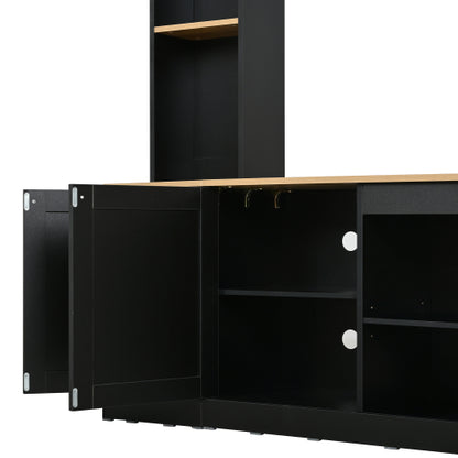 48 - TV STAND #14 - Elegant Arched Entertainment Center Wall Unit with Bookshelf, Farmhouse TV Stand with Wood Grain for TVs Up to 70", 91inch Media Console with Adjustable Shelves for Living Room, Black