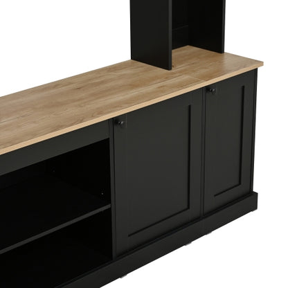 48 - TV STAND #14 - Elegant Arched Entertainment Center Wall Unit with Bookshelf, Farmhouse TV Stand with Wood Grain for TVs Up to 70", 91inch Media Console with Adjustable Shelves for Living Room, Black