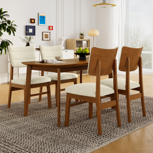 COMEDOR #11-Farmhouse Dining Table Set for 4, Wood Kitchen Table & 4 Upholstered Chairs with Sturdy Rubber Wood Frame, Padded Seat, Curved Backrest, Space-Saving Dinette Set for Dining Room, Brown+Biege