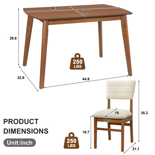 COMEDOR #11-Farmhouse Dining Table Set for 4, Wood Kitchen Table & 4 Upholstered Chairs with Sturdy Rubber Wood Frame, Padded Seat, Curved Backrest, Space-Saving Dinette Set for Dining Room, Brown+Biege