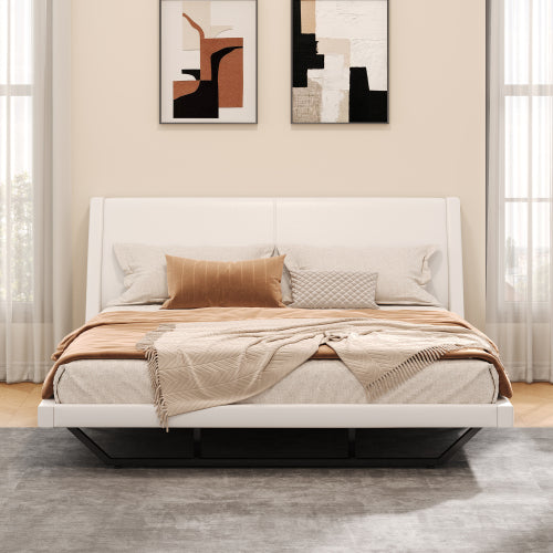 COMBO RECAMARA QUEEN: CAMA+COLCHON+MESITAS 002 - Queen Size Upholstered Bed Frame, Pu Leather Platform Bed with Wave-Like Curve Design and Trapezoidal-Shaped Leg