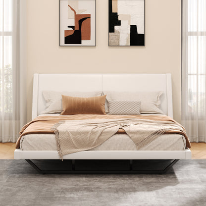 COMBO RECAMARA QUEEN: CAMA+COLCHON+MESITAS 002 - Queen Size Upholstered Bed Frame, Pu Leather Platform Bed with Wave-Like Curve Design and Trapezoidal-Shaped Leg