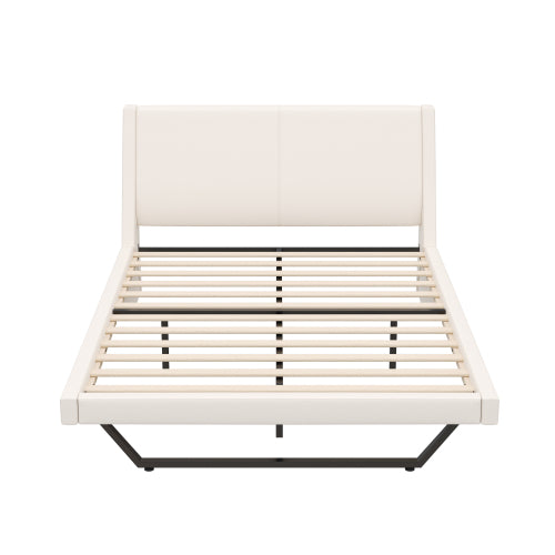 COMBO RECAMARA QUEEN: CAMA+COLCHON+MESITAS 002 - Queen Size Upholstered Bed Frame, Pu Leather Platform Bed with Wave-Like Curve Design and Trapezoidal-Shaped Leg