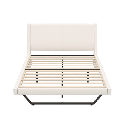 COMBO RECAMARA QUEEN: CAMA+COLCHON+MESITAS 002 - Queen Size Upholstered Bed Frame, Pu Leather Platform Bed with Wave-Like Curve Design and Trapezoidal-Shaped Leg