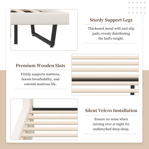 COMBO RECAMARA QUEEN: CAMA+COLCHON+MESITAS 002 - Queen Size Upholstered Bed Frame, Pu Leather Platform Bed with Wave-Like Curve Design and Trapezoidal-Shaped Leg
