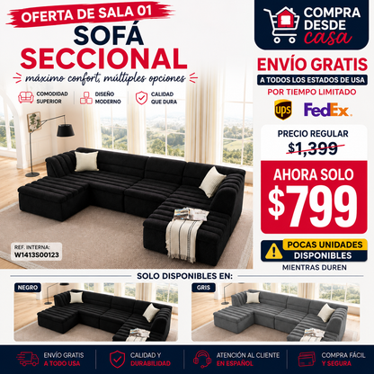 48-SALA SECCIONAL LIQUIDACION/135" U-Shaped Modular Sectional Sofa with Chaise and Movable Ottoman