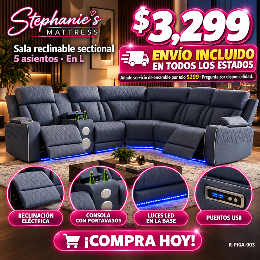 48-RECLINABLES-003 es la Blue Gray, seccional 5 asientos en L, a $3,299