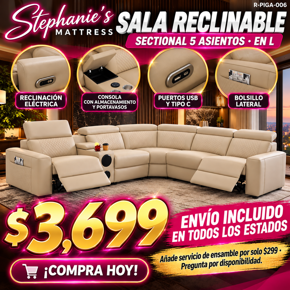 48-RECLINABLES-006 es la Khaki, seccional 5 asientos en L, a $3,699