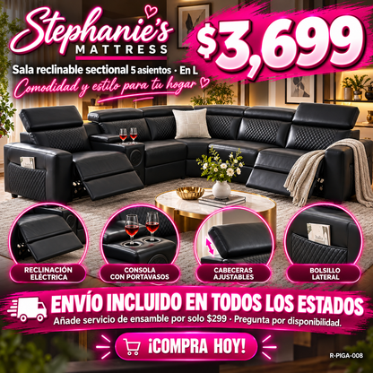 48-RECLINABLES-008 es la Black Quilted, seccional 5 asientos en L, a $3,699