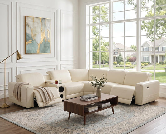 48-RECLINABLES-010 es la Cream White, seccional 5 asientos en L, a $3,799