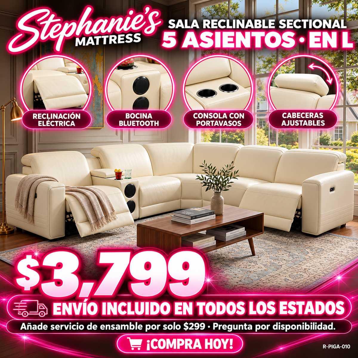 48-RECLINABLES-010 es la Cream White, seccional 5 asientos en L, a $3,799
