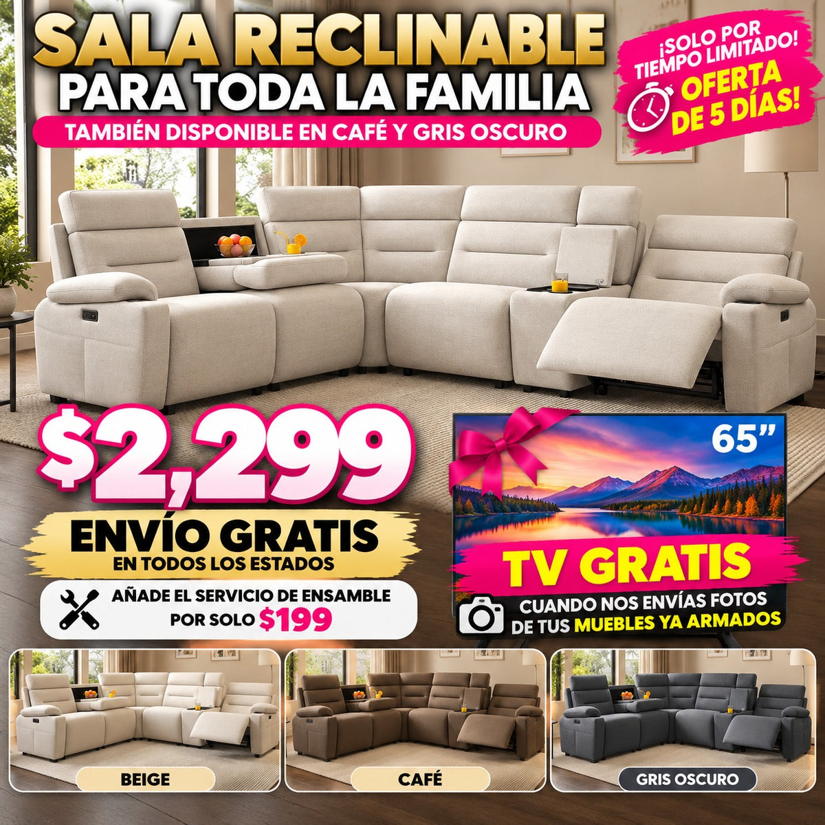 48-RECLINABLES-PIGA-012 Sala reclinable seccional Beige