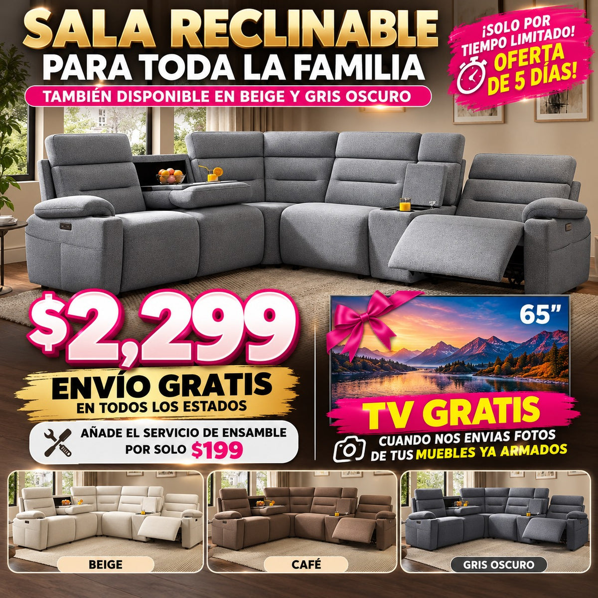 48-RECLINABLES-PIGA-012 Sala reclinable seccional Gris oscuro