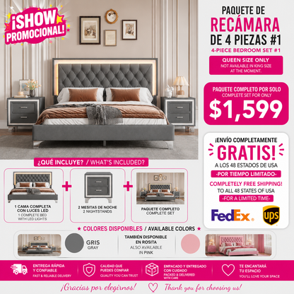 48-RECAMARA QUEEN-GRIS DE LUCES 4 PIEZAS-CAMA-COLCHON-2-MESITAS/GRAY 4 PCS. BEDROOM SET QUEEN BEDFRAME-NIGHTSTANDS