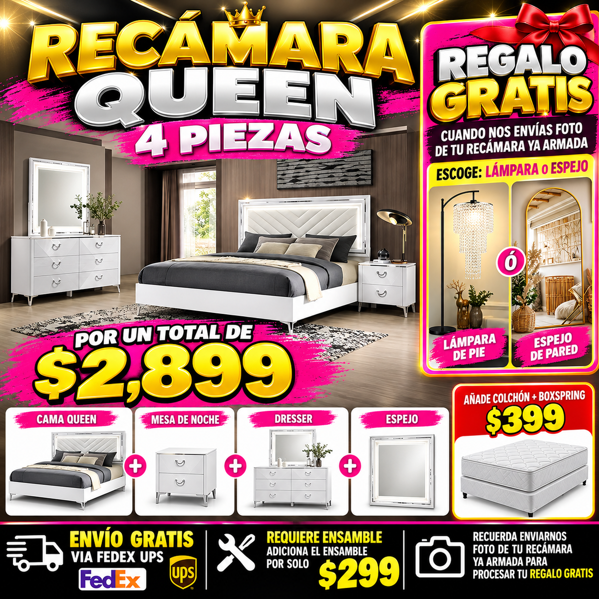 48 - Recamara Queen WIGA-05WH Cassia 4-piece Queen LED Bedroom Set White High Gloss